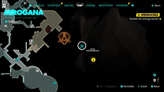 Map view of a Pyke Stronghold with a white circle showing where a power core is located in Star Wars Outlaws.