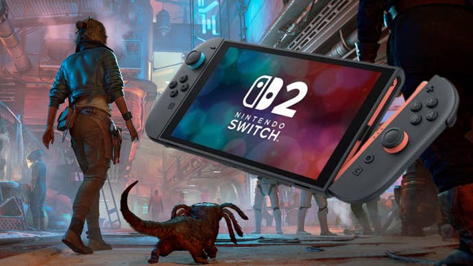 Star Wars Outlaws promo image showing Kay Vess walking with Nixx. A Switch 2 is to one side