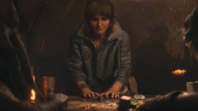 Star Wars Outlaws screenshot showing main character Kay gathering up her Sabacc winnings in a hurry