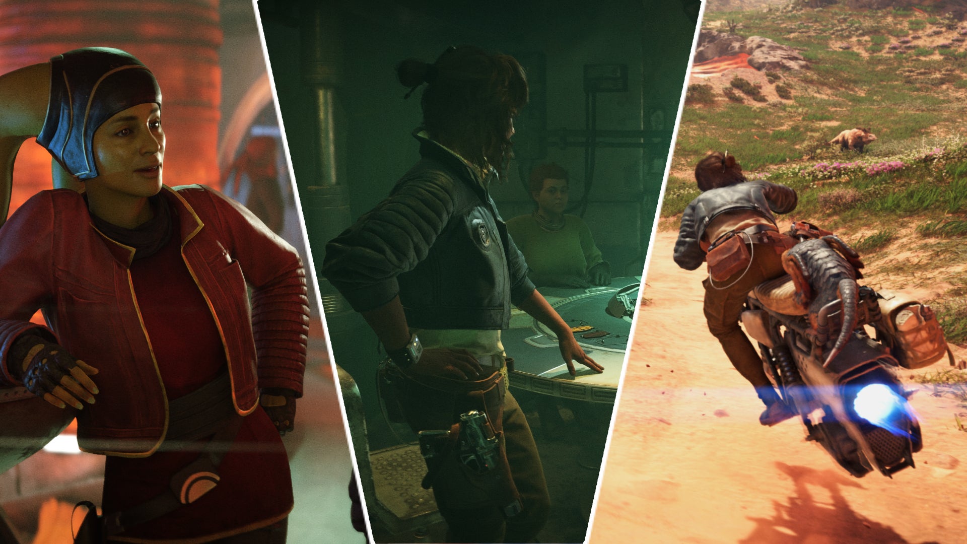 A trilogy of images for Star Wars Outlaws; a casual alien in a leather jacket, Kay Vess in a planning room, and the protagonist on a speeder - 1