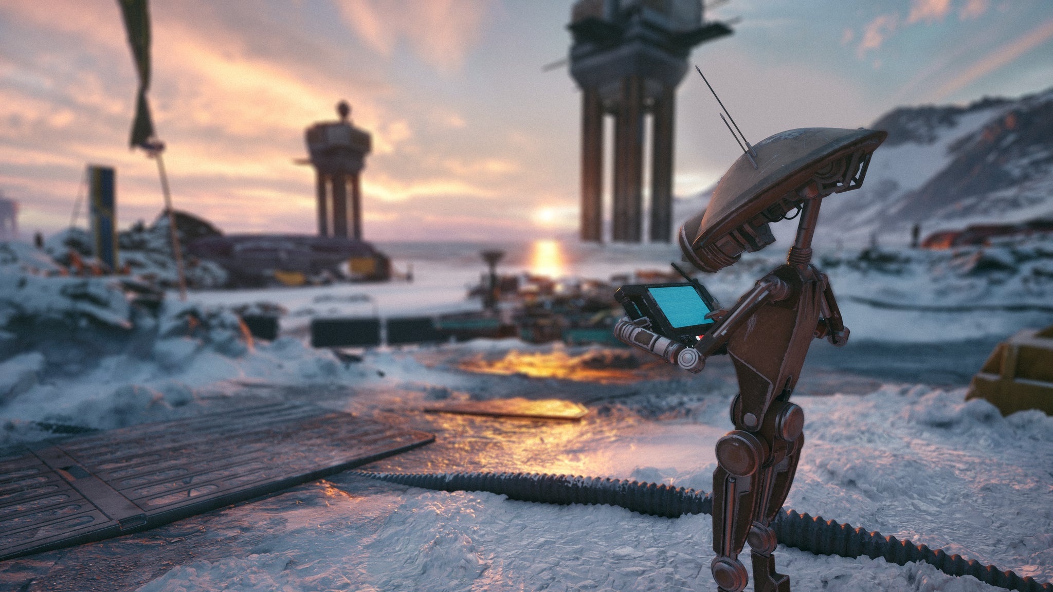 Star Wars: Glactic Racer official screenshot showing an engineer droid looking at a tablet on a snowy planet