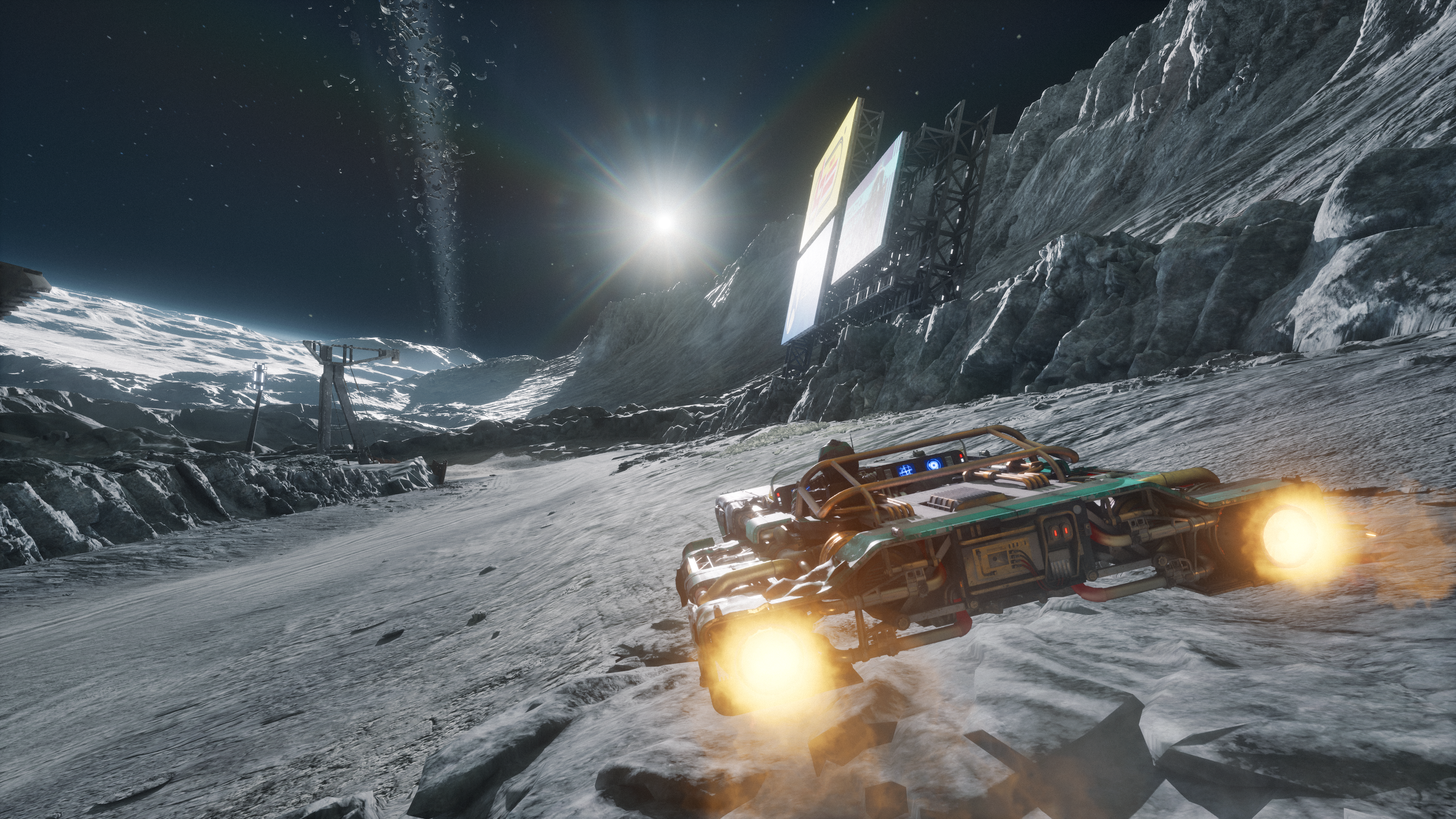 Star Wars: Glactic Racer official screenshot showing a landspeeder on a rocky moon-like surface