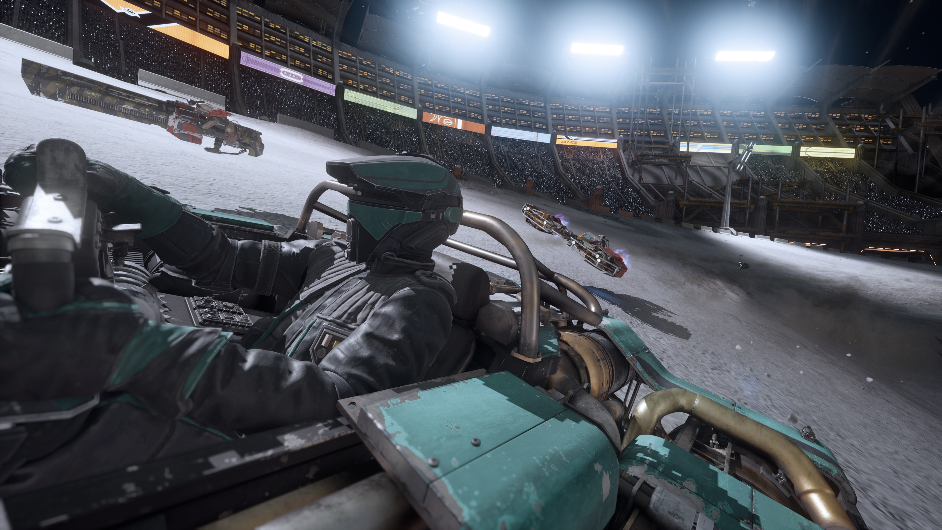 Star Wars: Glactic Racer official screenshot showing a racer pilot driving, in close up in an arena at night