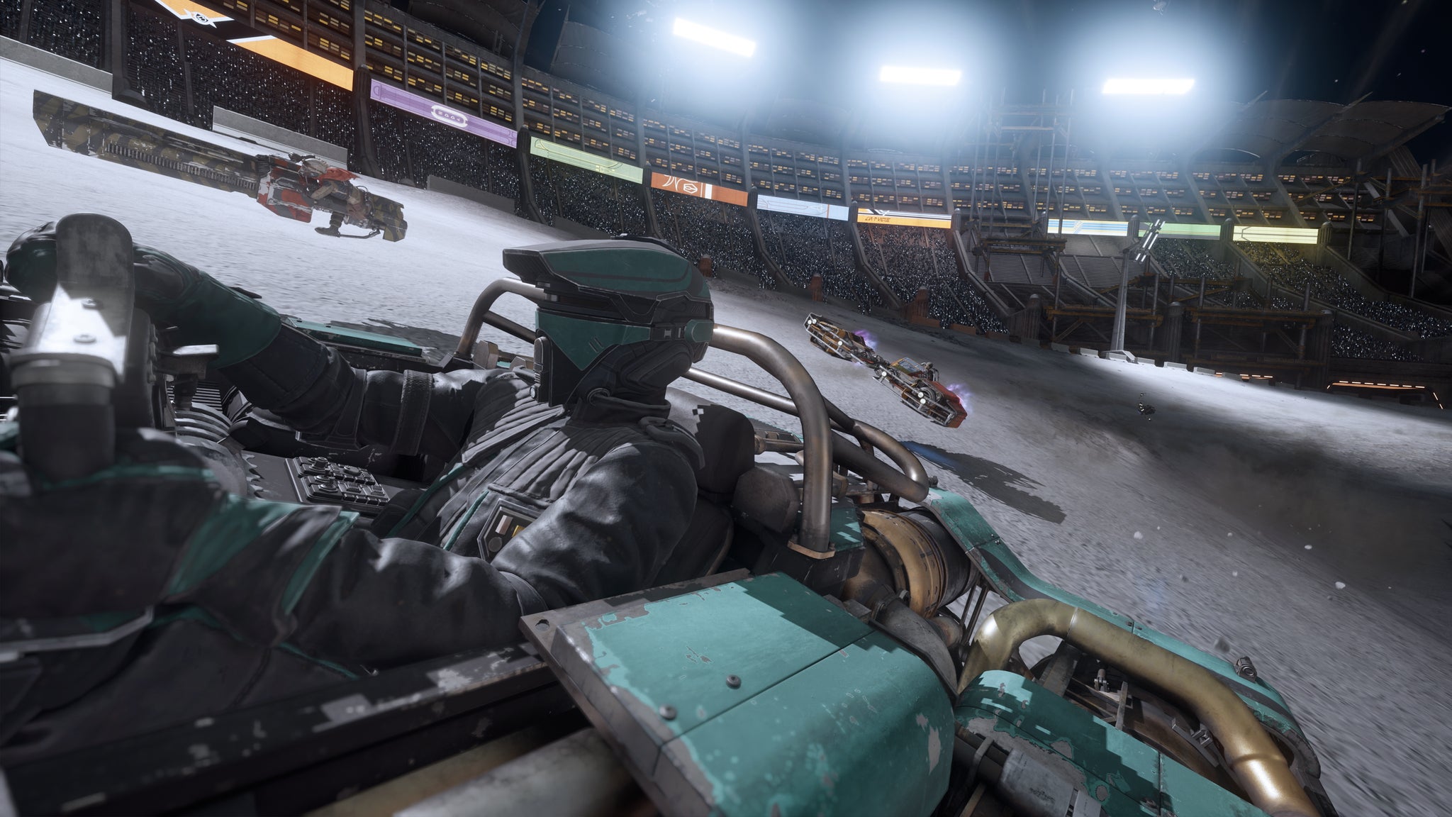 Star Wars: Glactic Racer official screenshot showing a racer pilot driving, in close up in an arena at night