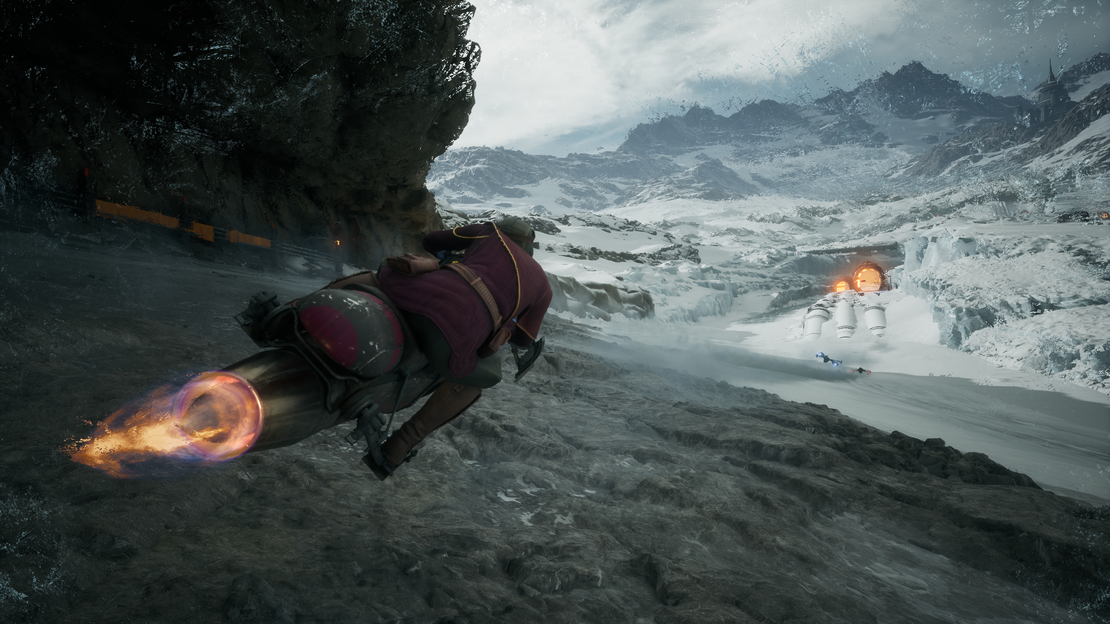 Star Wars: Glactic Racer official screenshot showing a speeder bike haring through a snowy environment
