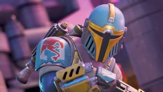 Star Wars: Hunters trailer screenshot showing Mandalorian-style player character in close up