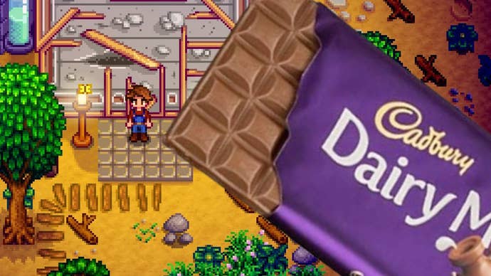 Stardew Valley farming scene with a chocolate bar overlayed on top