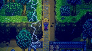 Stardew Valley screenshot showing a character holding up a star in a lightening storm