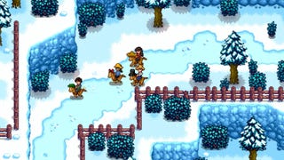 horse rides in a snowy Stardew Valley