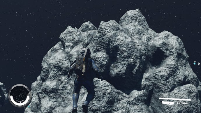 A spacewalk in Starfield with a huge asteroid in the foreground