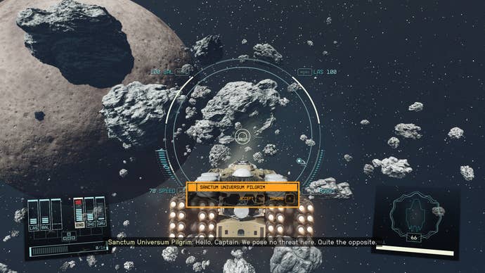 The player’s ship navigating an asteroid field in Starfield