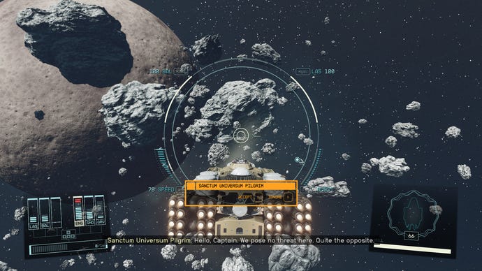 The player's ship navigating  an asteroid field in Starfield