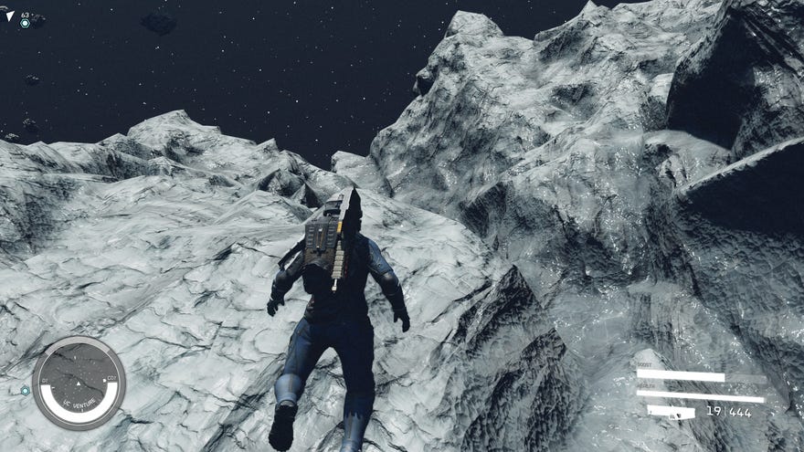 The player spacewalking towards the surface of an asteroid in Starfield.