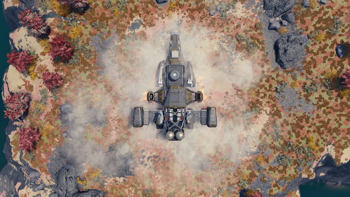 A top down view of my Spaceship landing on a yellow-brown and grey planet during a cutscene in Starfield.