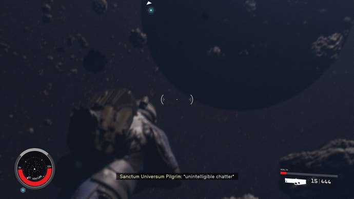 A Starfield player experiencing stamina loss while free-floating in deep space.