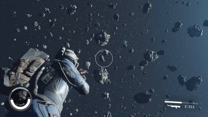 A Starfield player travelling through space by firing their shotgun to generate recoil