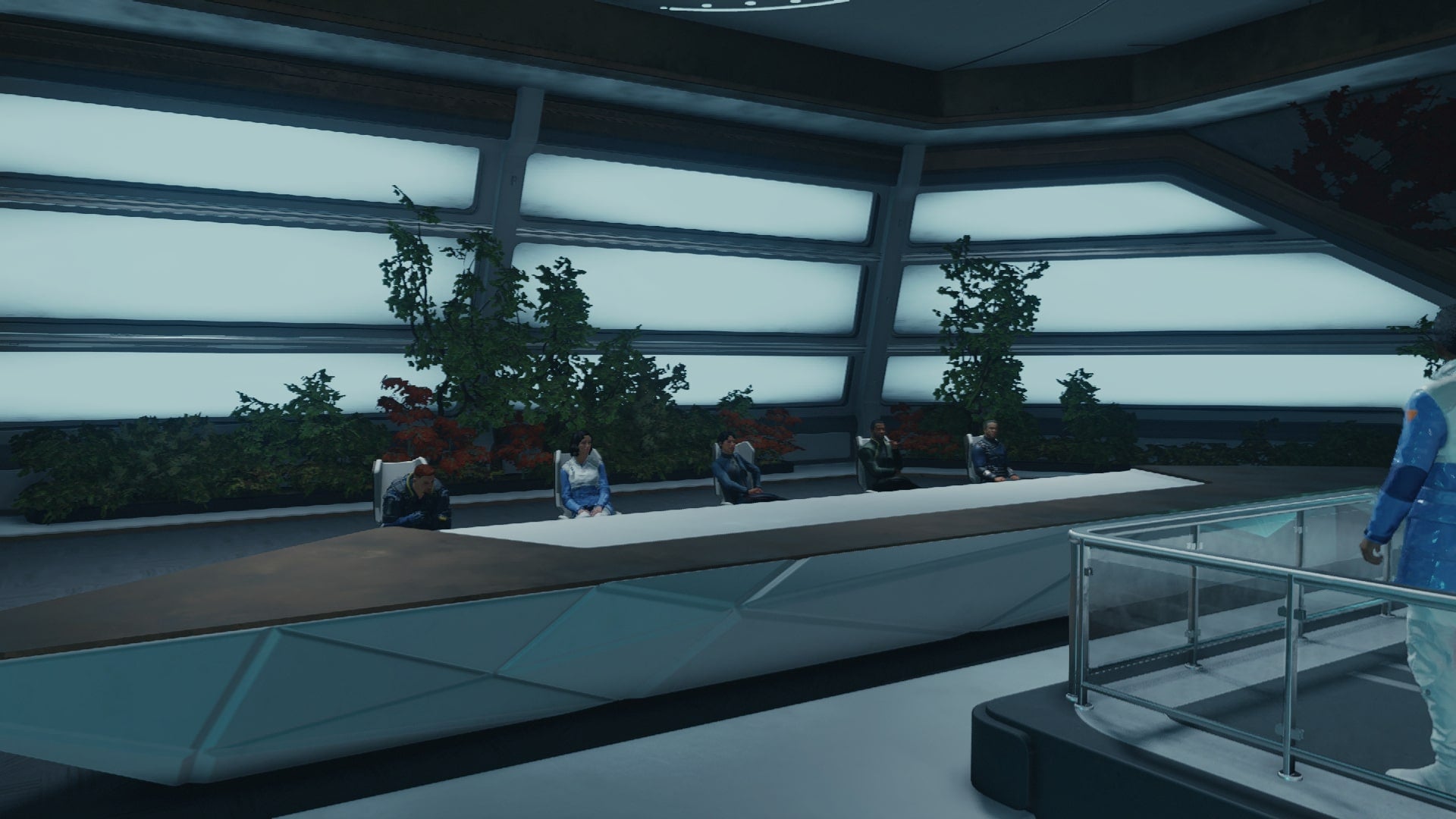 The player faces the United Colonies board in the Cabinet Chambers in Starfield - 1