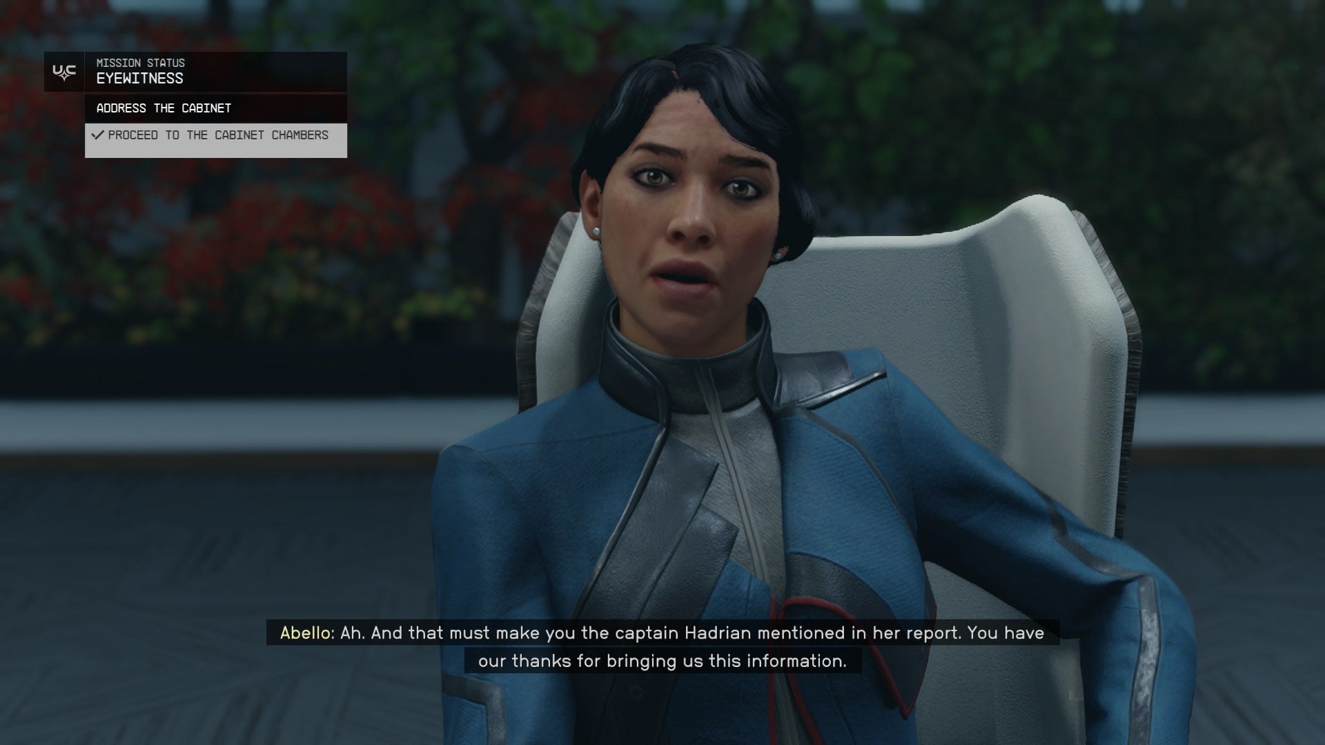 The player speaks to Abello in the Cabinet Chambers of the MAST building in Starfield