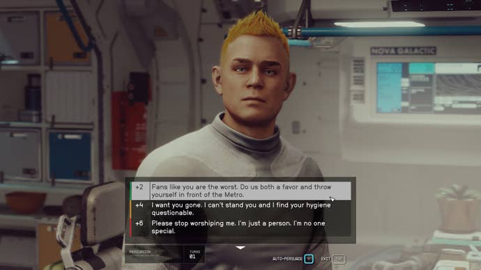 The player tries to persuade the Adoring Fan to chill while aboard the Frontier in Starfield