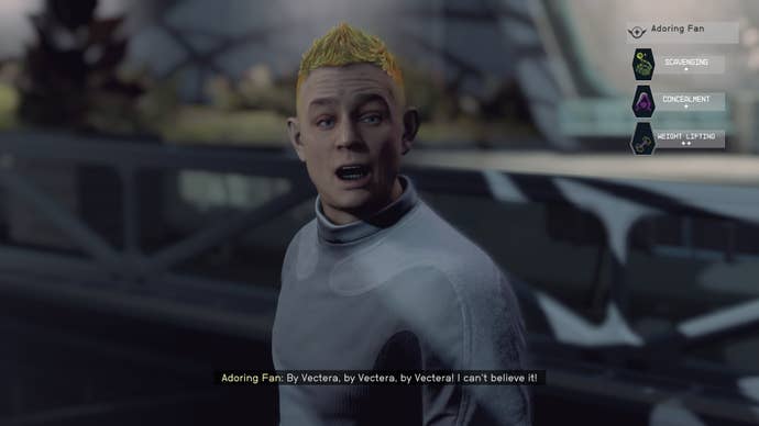The Adoring Fan approaches the player character in the Spaceport of New Atlantis in Starfield