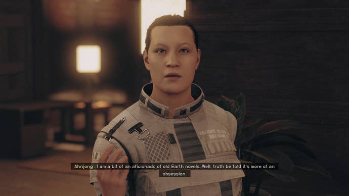 Starfield image showing a close-up of Ahnjong, a person who sells and buys books.