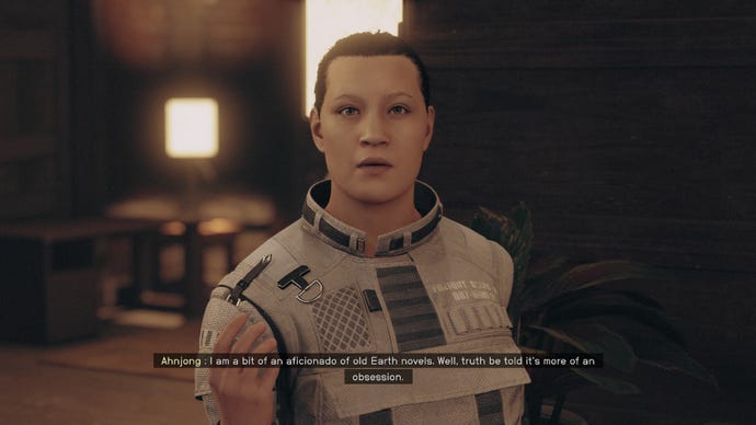 Starfield image showing a close-up of Ahnjong, a person who sells and buys books.