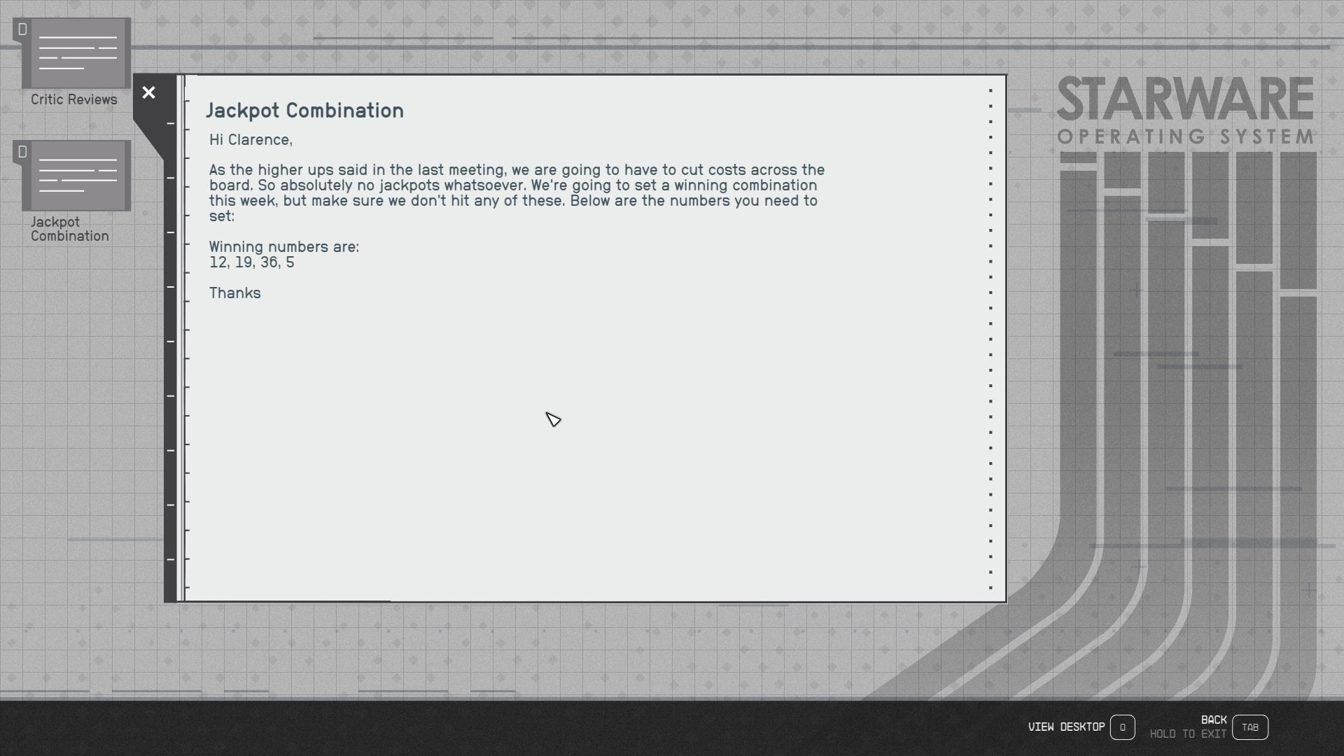 The player accesses the Manager's Computer at the Amalgest space station, revealing the combination for the Amalgest jackpot in Starfield - 5