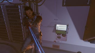 The player character stands beside the jackpot backend computer at the Amalgest space station in Starfield