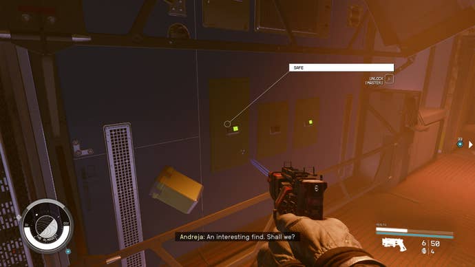 The player faces three locked safes in a small office aboard the Amalgest space station in Starfield