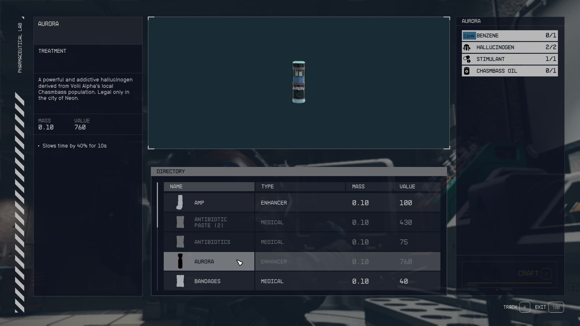 The recipe for Aurora at a Pharmaceutical Lab in Starfield is shown