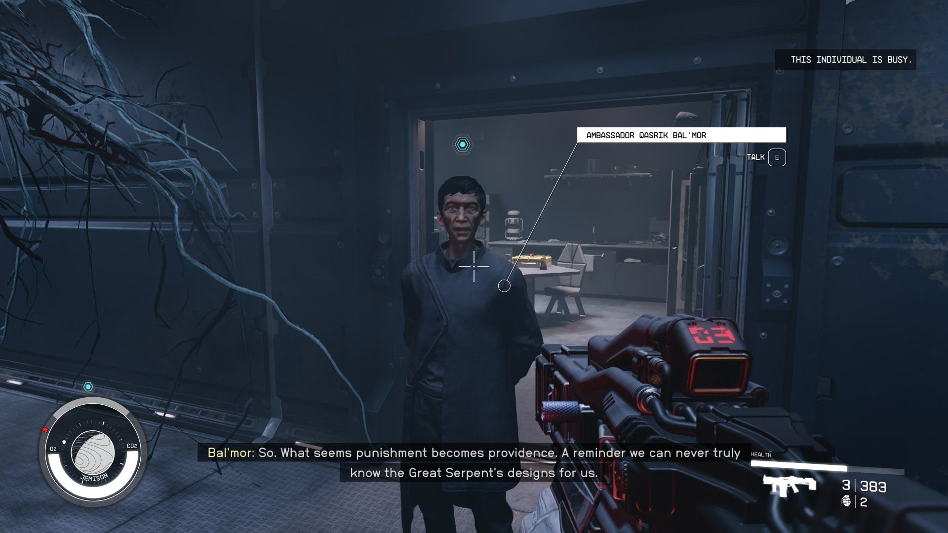 The player speaks with Bal&rsquo;Mor of House Va&rsquo;Ruun in Starfield