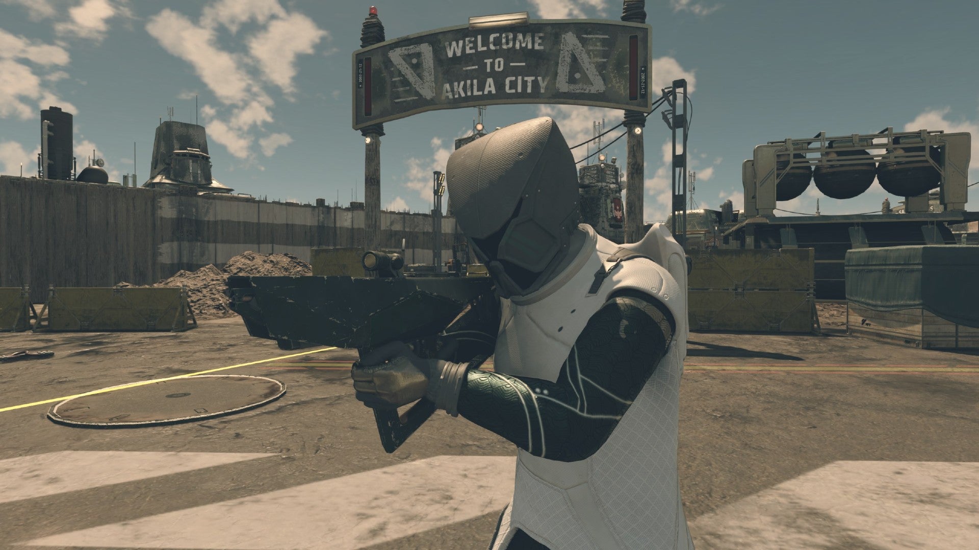 Starfield image showing a character in Mantis armor holding Eternity&rsquo;s Gate at the entrance to Akila City.