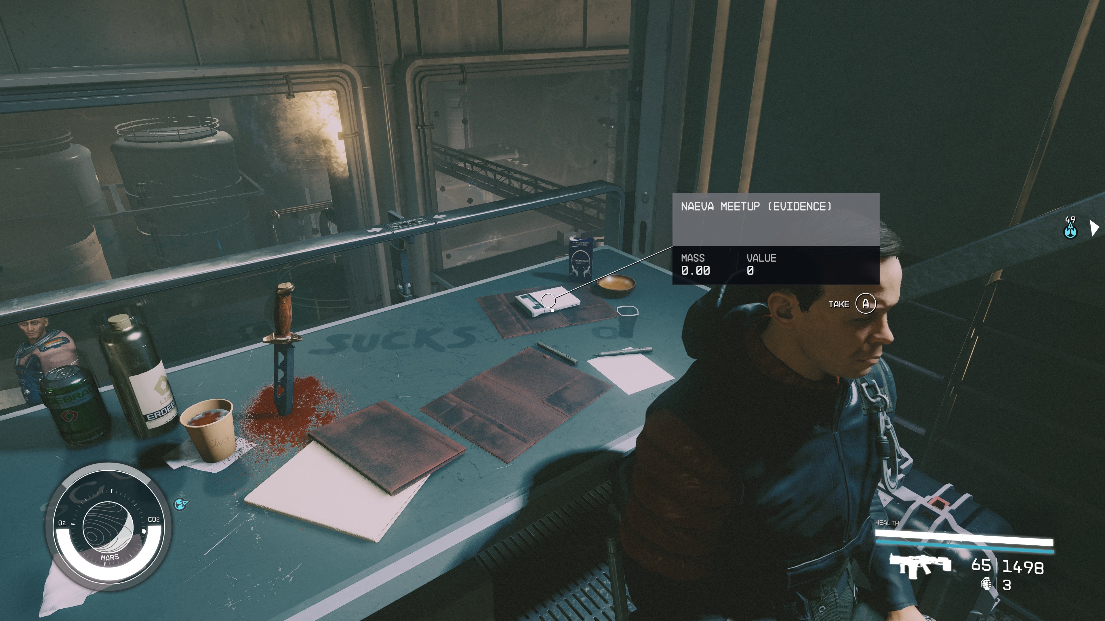 first person view of an evidence log on a messy desk