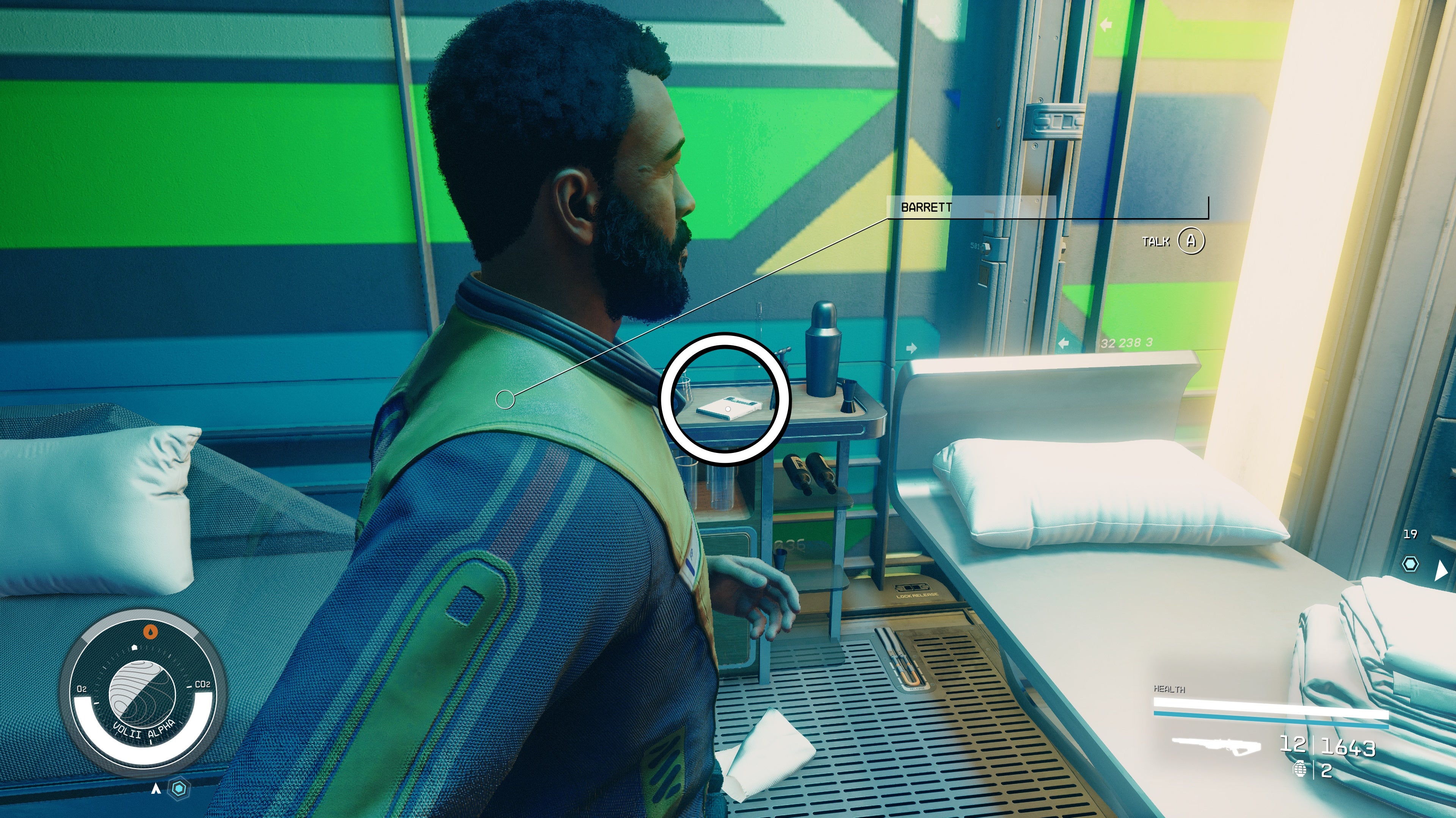 first person view of an evidence log circled on a table beside a single bed with barrett looking to the right