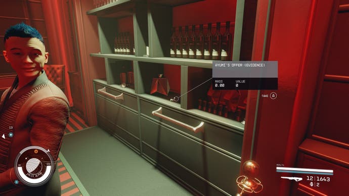 first person view of an evidence log behind a blue-haired bartender working a bar