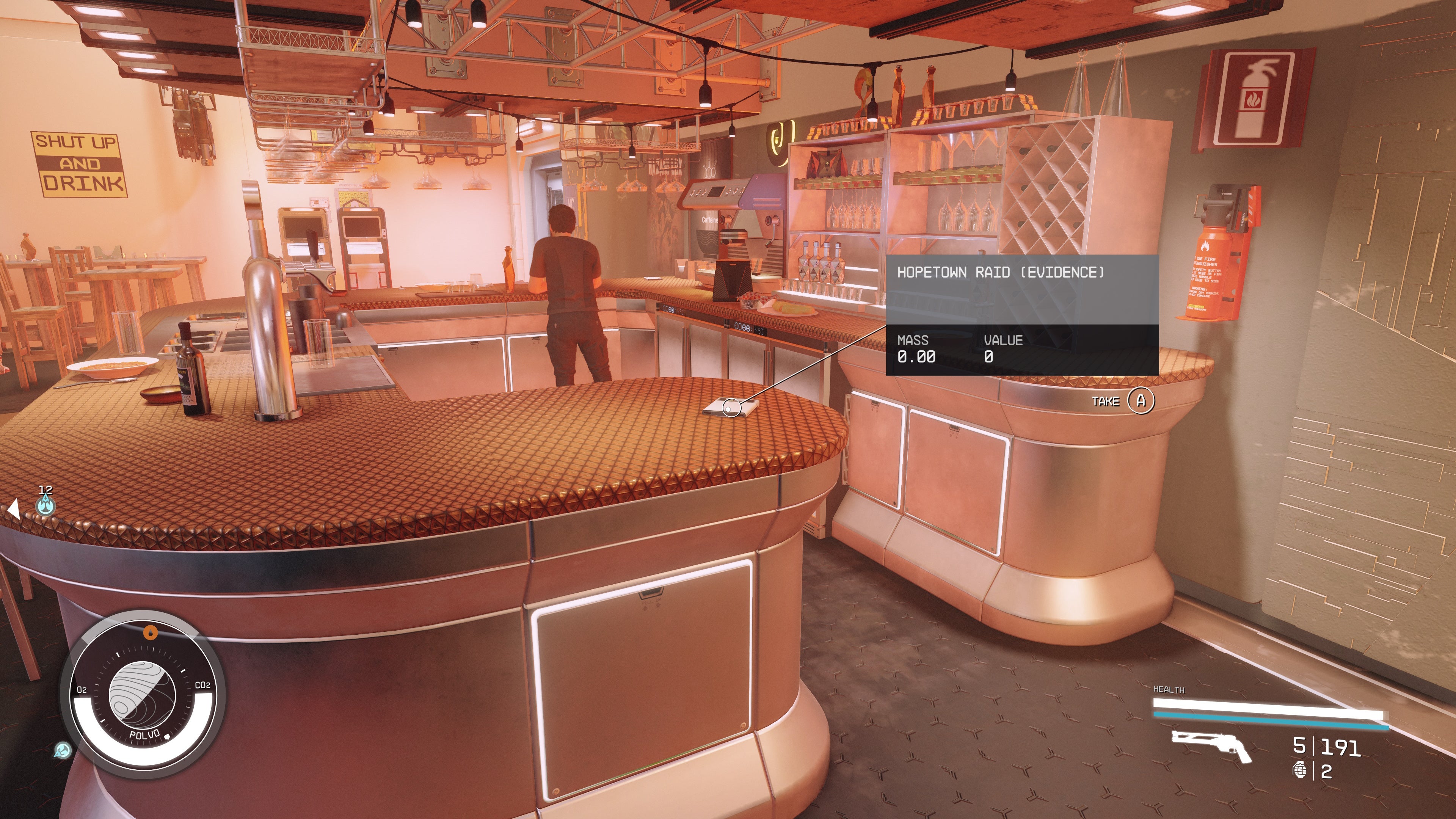 first person view of an evidence log on top of a bar counter in the pit stop bar