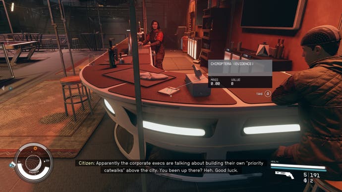 first person view of an evidence log on an outside bar counter in gagarins landing