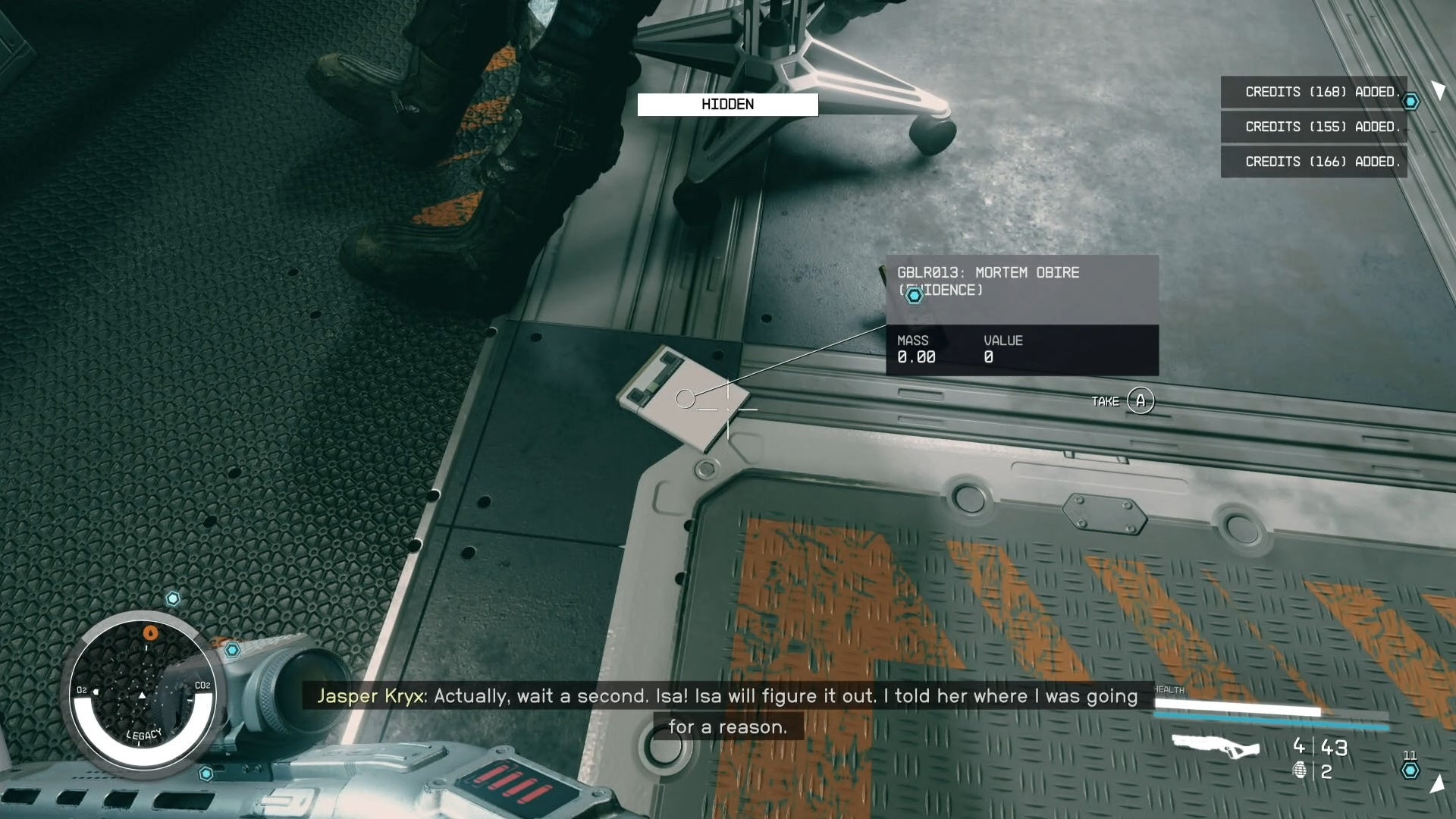 first person view of an evidence log on the flooe underneath a dead man&rsquo;s body sitting on an office chair