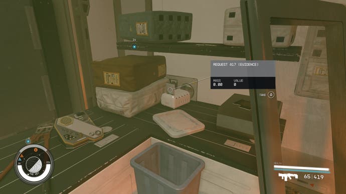 first person view of an evidence log blending in with a small white object on a cluttered counter