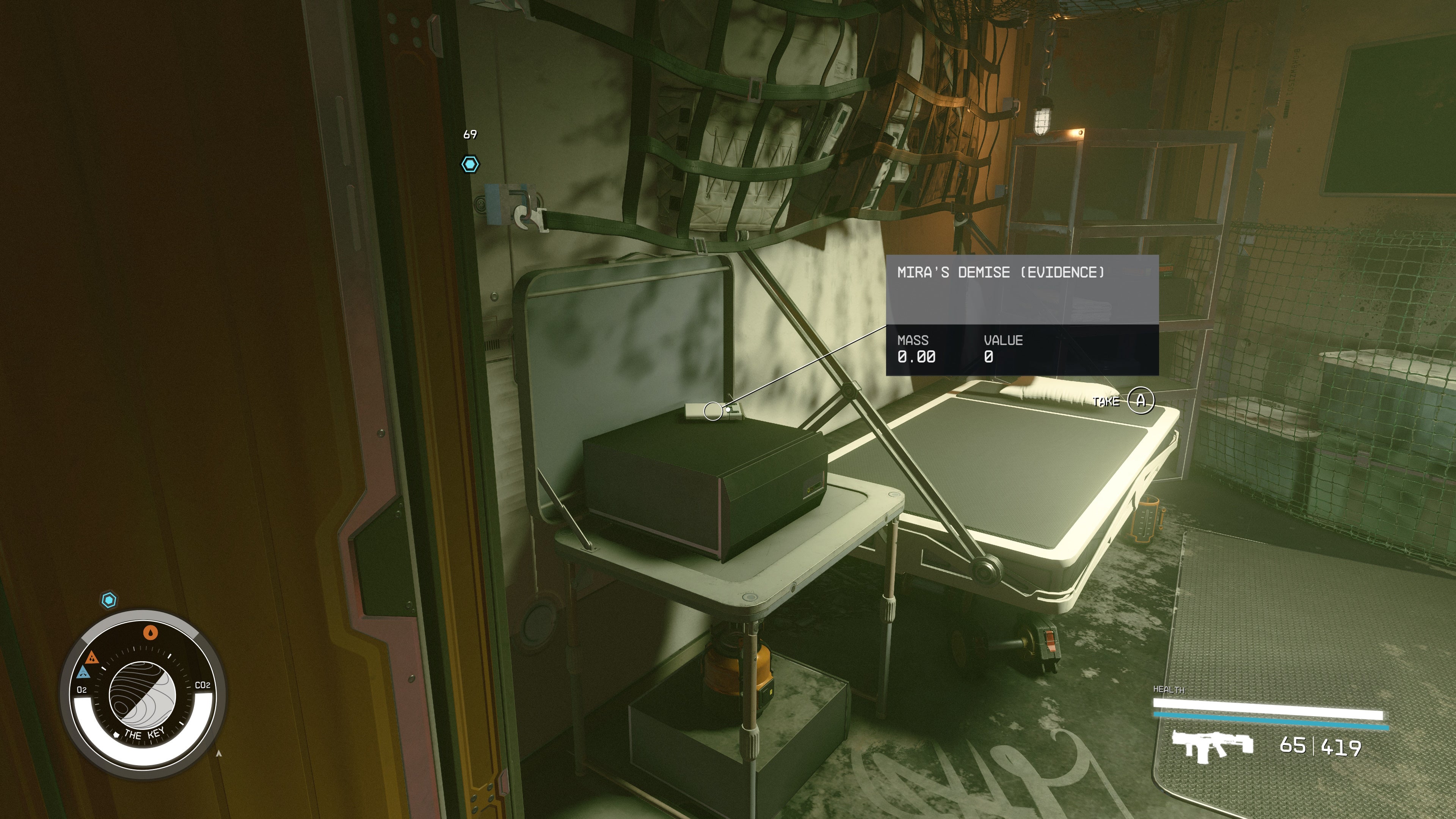 first person view of an evidence log on a black case on a table inside a small room with a single bed