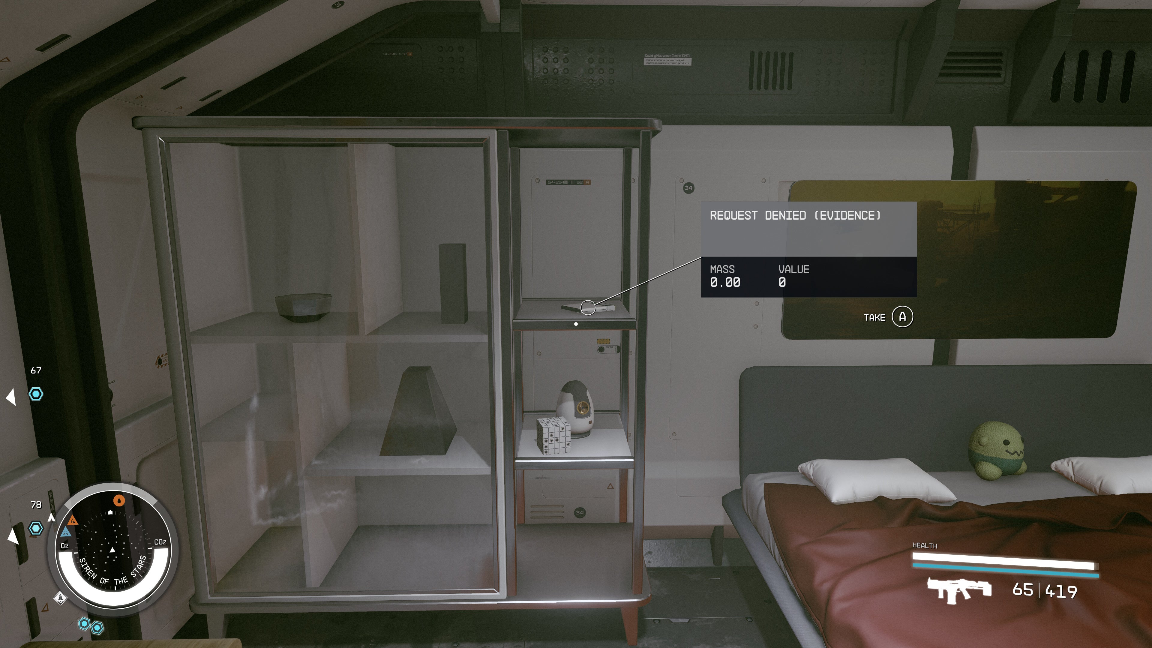 first person view of an evidence log on a tall metal shelf beside a wider shelf and a double bed