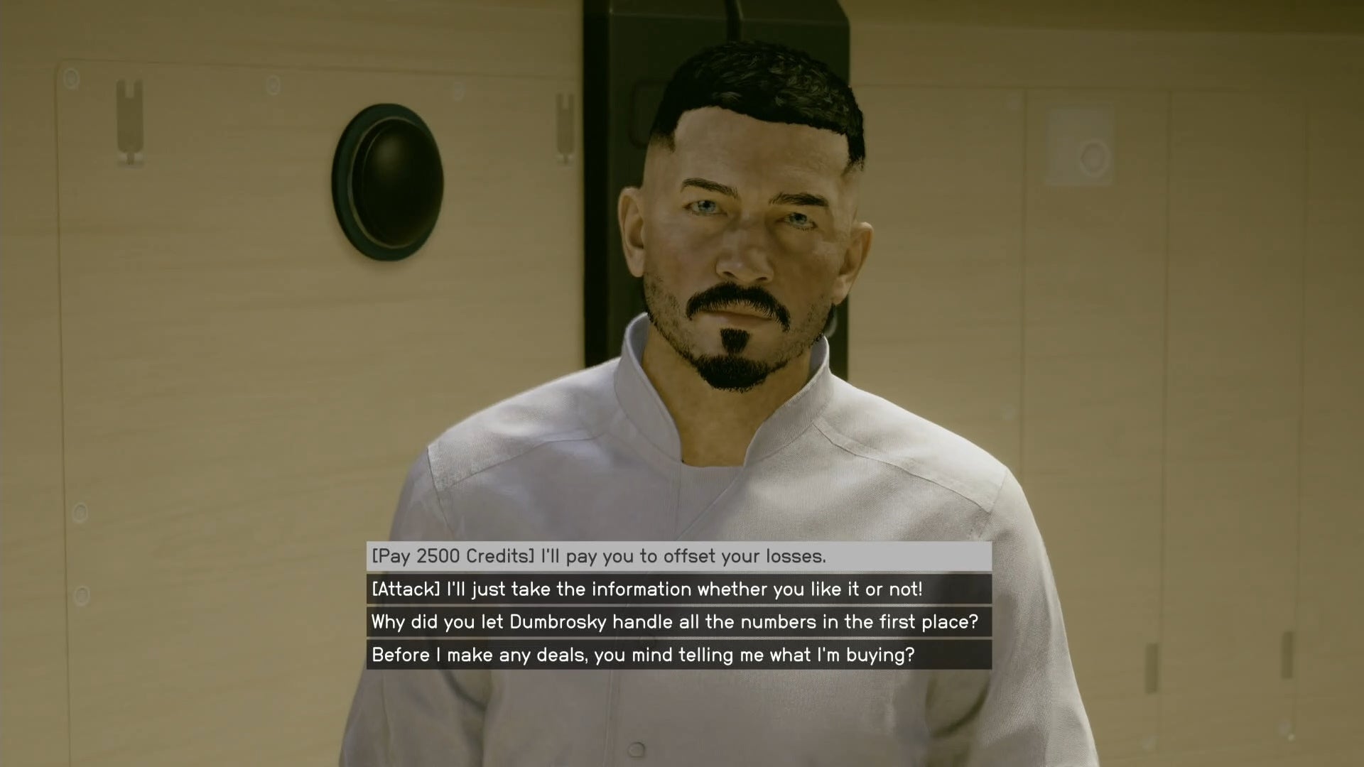 first person view of speaking with a man with a moustashe and beard with the option of pay him highlighted