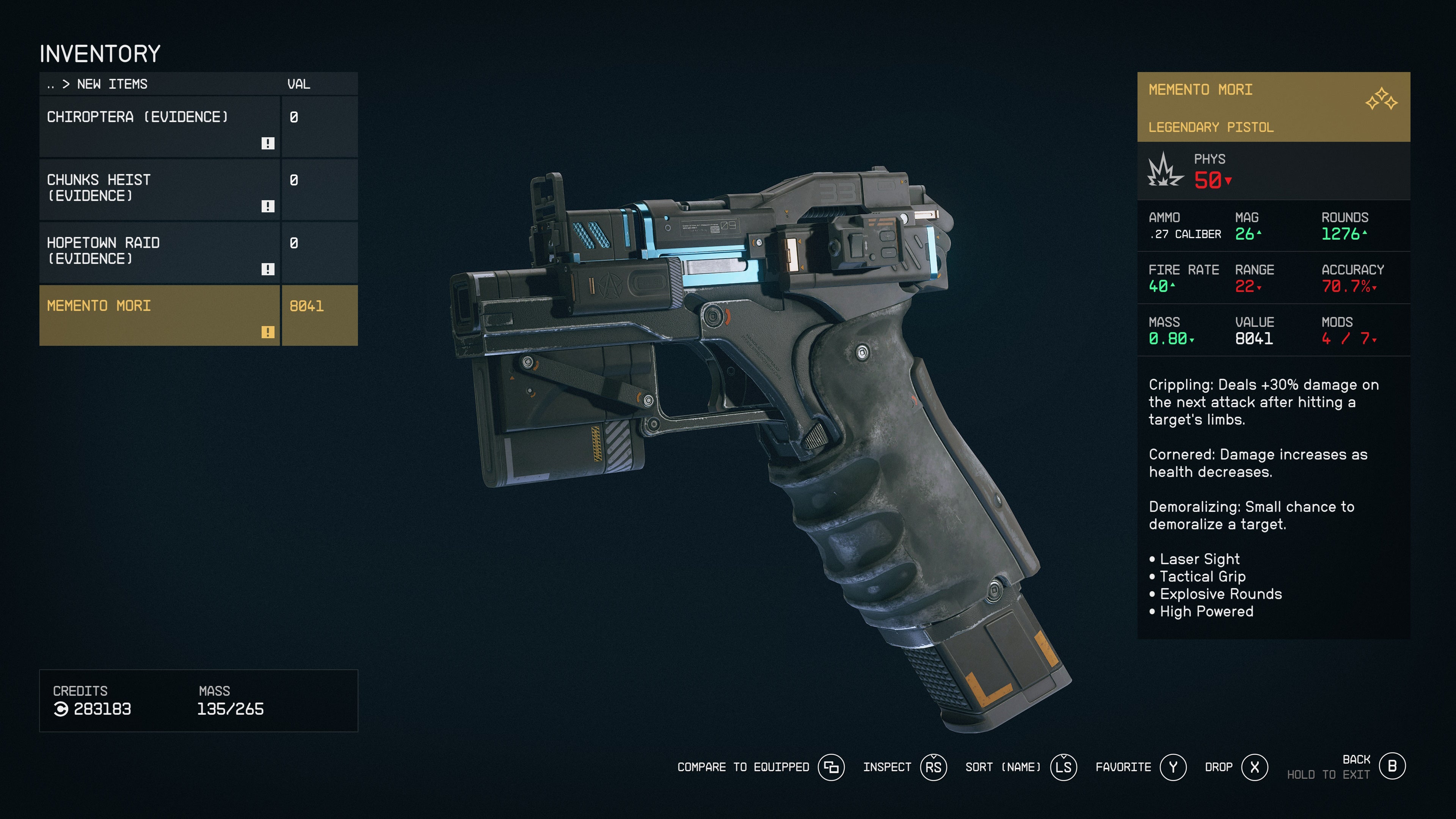 item menu showing the stats and perks of the jillian loft&rsquo;s memento mori pistol