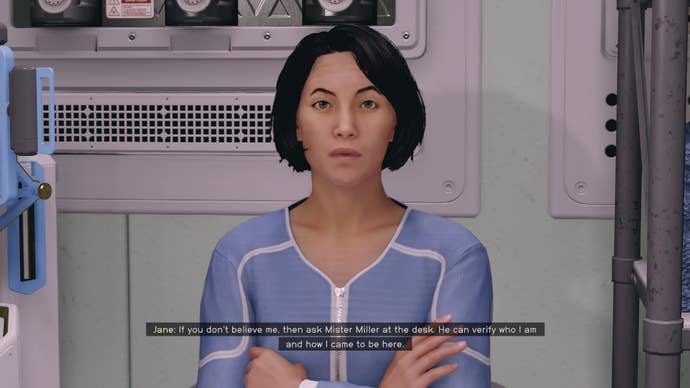 The player speaks with a patient at the Clinic, Candace Doolin, in Starfield