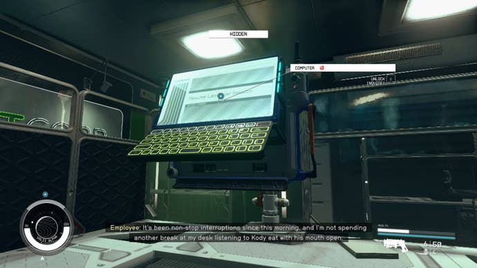 The player faces a computer in CeltCorp while hidden in Starfield