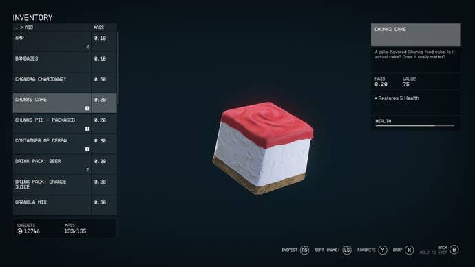 The vendor screen for Chunks cake in Starfield