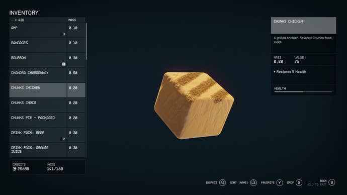 The vendor screen for Chunks chicken in Starfield