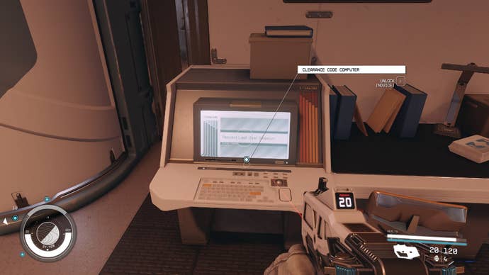 The player interacts with the Clearance Code Computer in SY-920 in Starfield