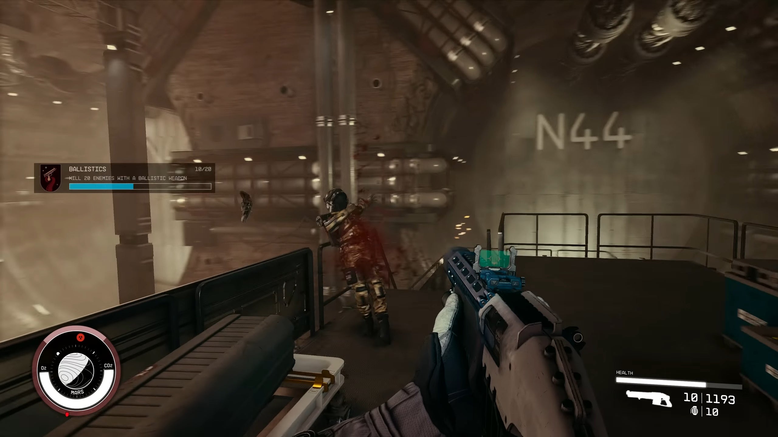 Ballistics challenge progress bar in a small menu on the left while in first person shooting an enemy.