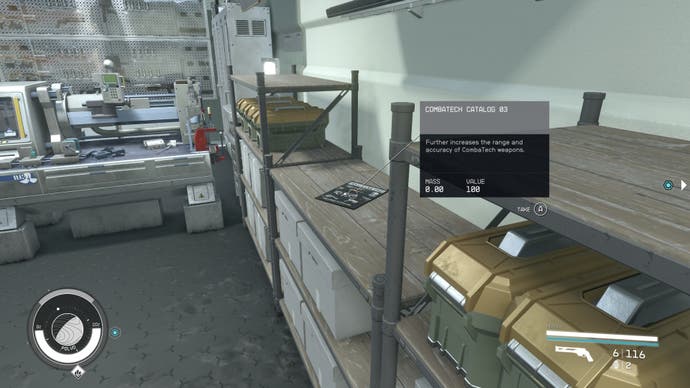 first person view of combatech catalog skill book on a shelf near ammo boxes